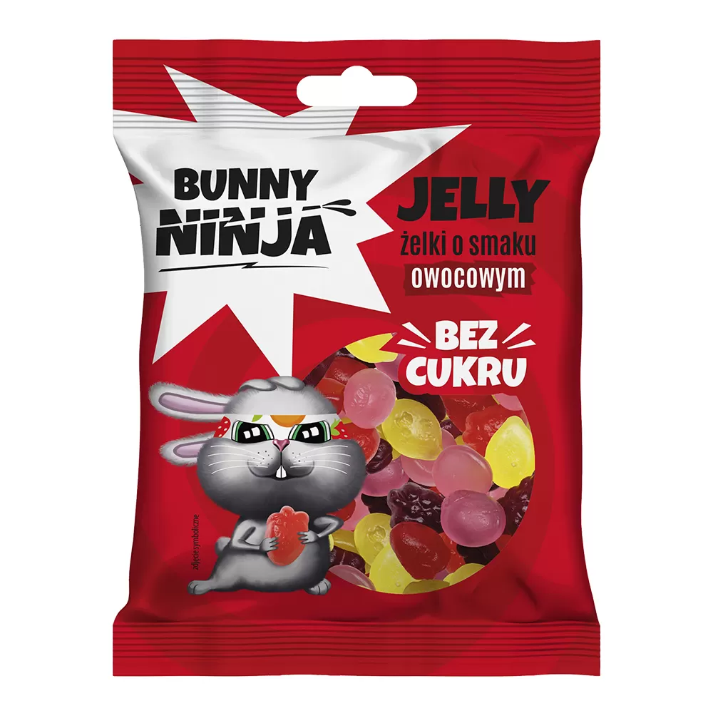 Żelki bez dodatku cukru o smaku owocowym w kształcie owoców Bunny Ninja, 75g