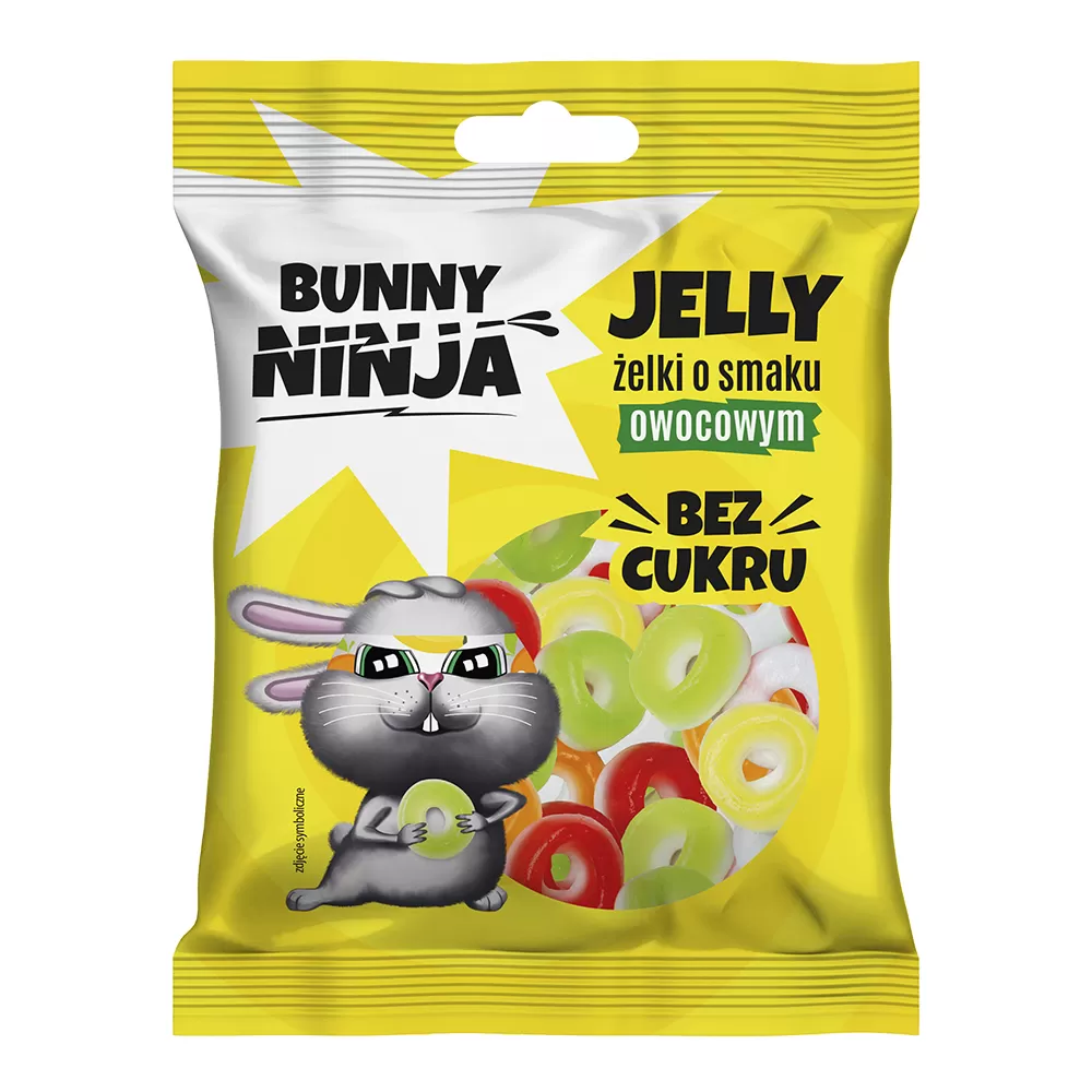 Żelki bez dodatku cukru o smaku owocowym w kształcie kółeczek Bunny Ninja, 75g