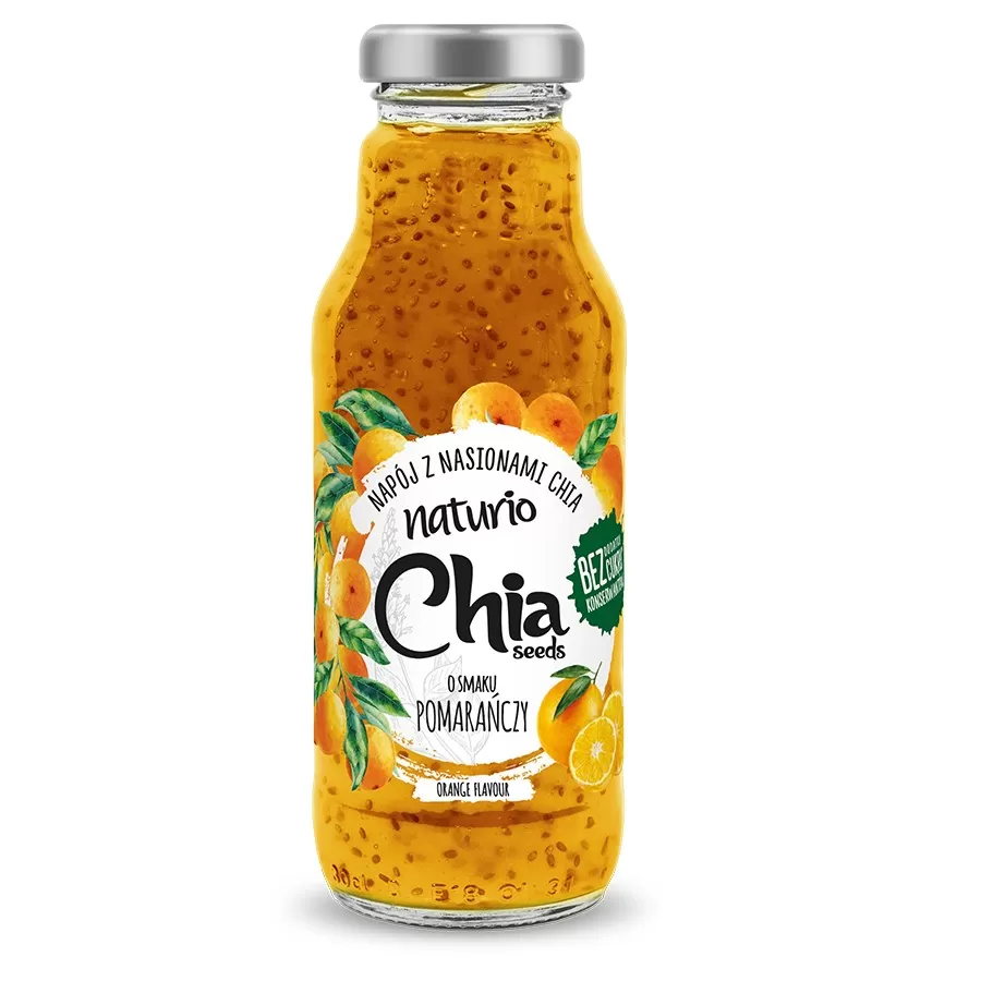 Napój niegazowany z nasionami Chia o smaku Pomarańczy Naturio, 295 ml