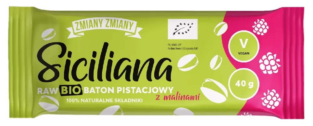 BATON PISTACJOWY Z MALINAMI &quot;SICILIANA RAW&quot; BEZGLUTENOWY BIO 40 g - ZMIANY ZMIANY