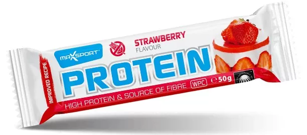BATON PROTEINOWY O SMAKU TRUSKAWKOWYM W BIAŁEJ POLEWIE BEZGLUTENOWY 50 g - MAXSPORT