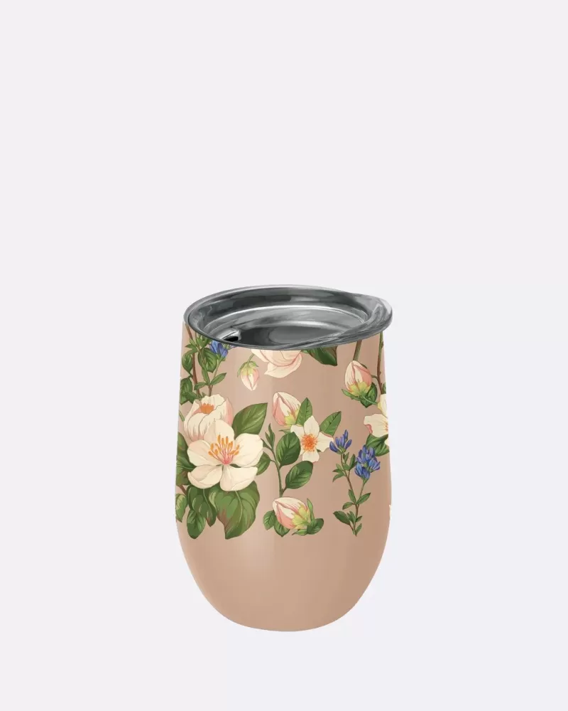 KUBEK ZE STALI NIERDZEWNEJ Z POKRYWKĄ BEŻOWY W KWIATY 420 ml - CHIC-MIC