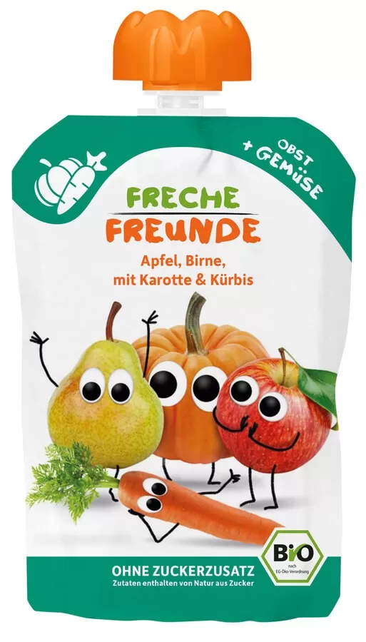 MUS JABŁKO - GRUSZKA - MARCHEW - DYNIA  BEZ DODATKU CUKRÓW BEZGLUTENOWY OD 6 MIESIĄCA BIO 100 g - FRECHE FREUNDE