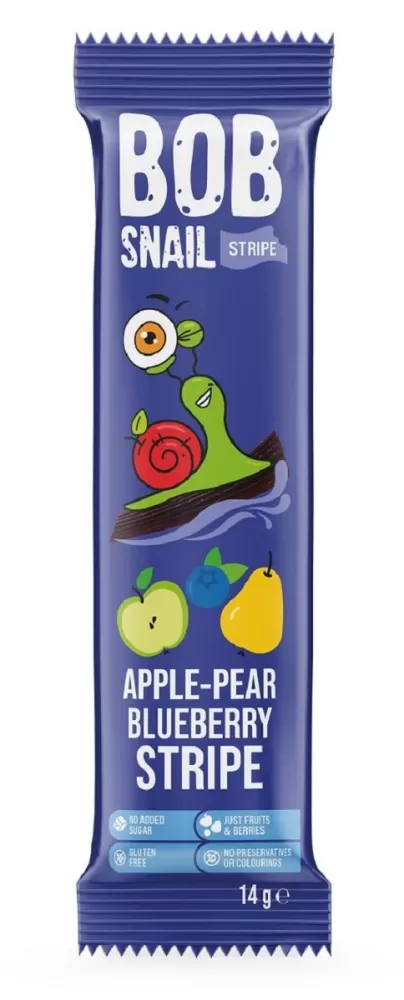 1 PRZEKĄSKA STRIPE JABŁKO - GRUSZKA - BORÓWKA BEZ DODATKU CUKRÓW BEZGLUTENOWA 14 g - BOB SNAIL PROMO