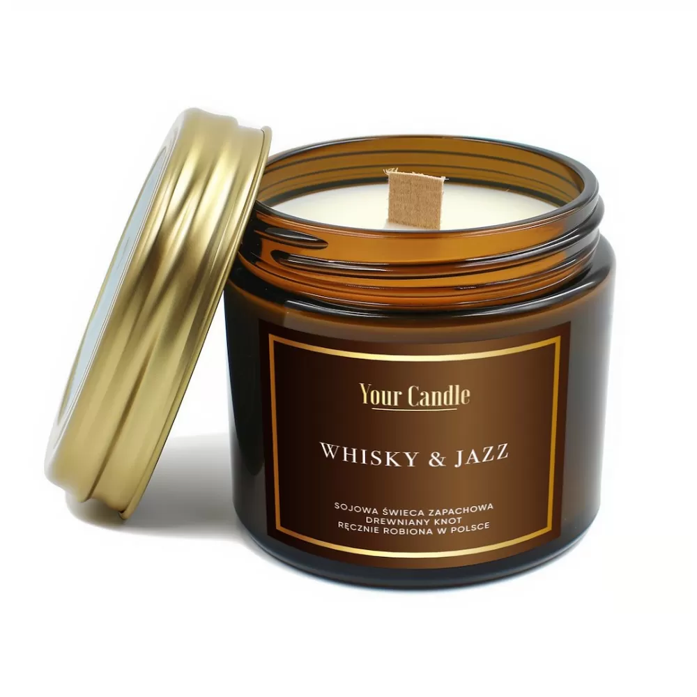 ŚWIECA SOJOWA ZAPACHOWA Z DREWNIANYM KNOTEM WHISKY &amp; JAZZ 120 ml - YOUR CANDLE