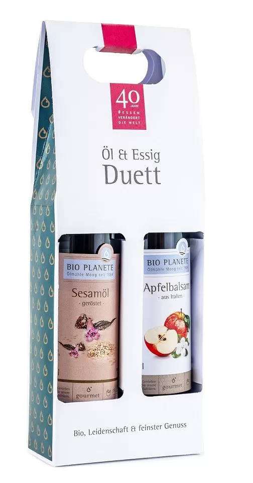 ZESTAW PREZENTOWY OLEJ Z PRAŻONYCH NASION SEZAMU &amp; OCET BALSAMICZNY JABŁKOWY (2 x 250 ml) - BIO PLANETE