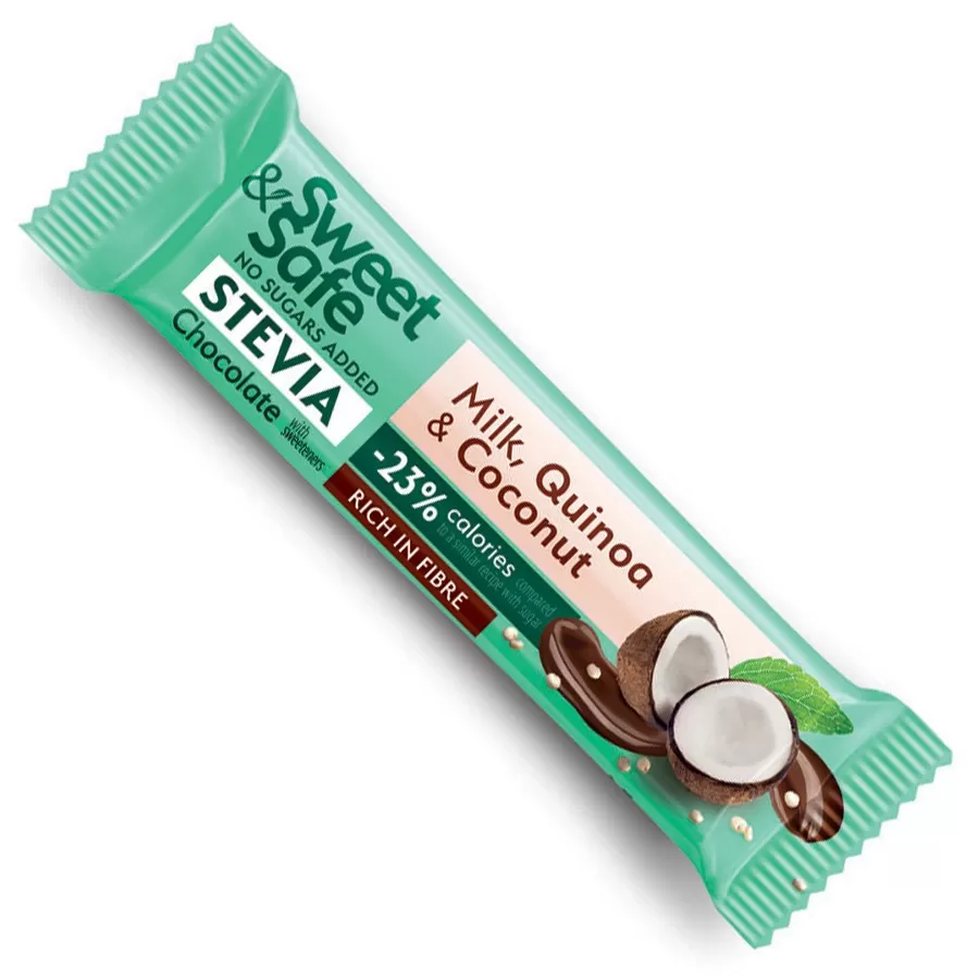 Baton z mlecznej czekolady - quinoa i kokos, słodzony stewią Sweet&amp;Safe, 25g
