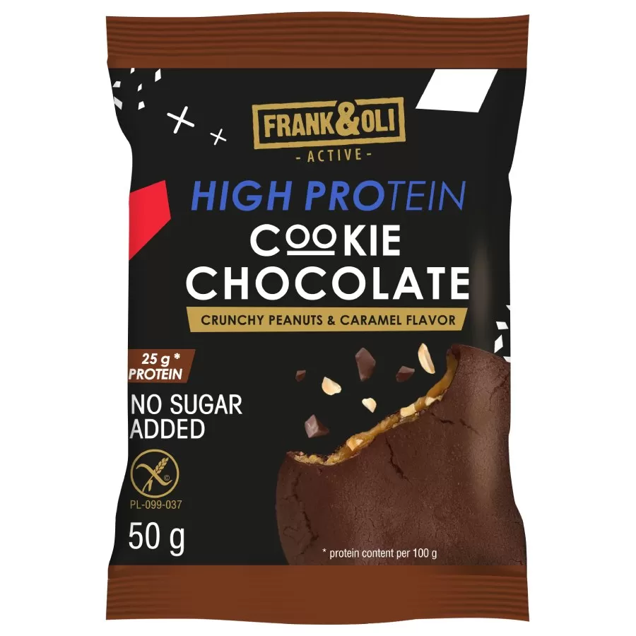 Ciastko proteinowe o smaku chrupiących orzeszków ziemnych i karmelu Frank&amp;Oli, 50g