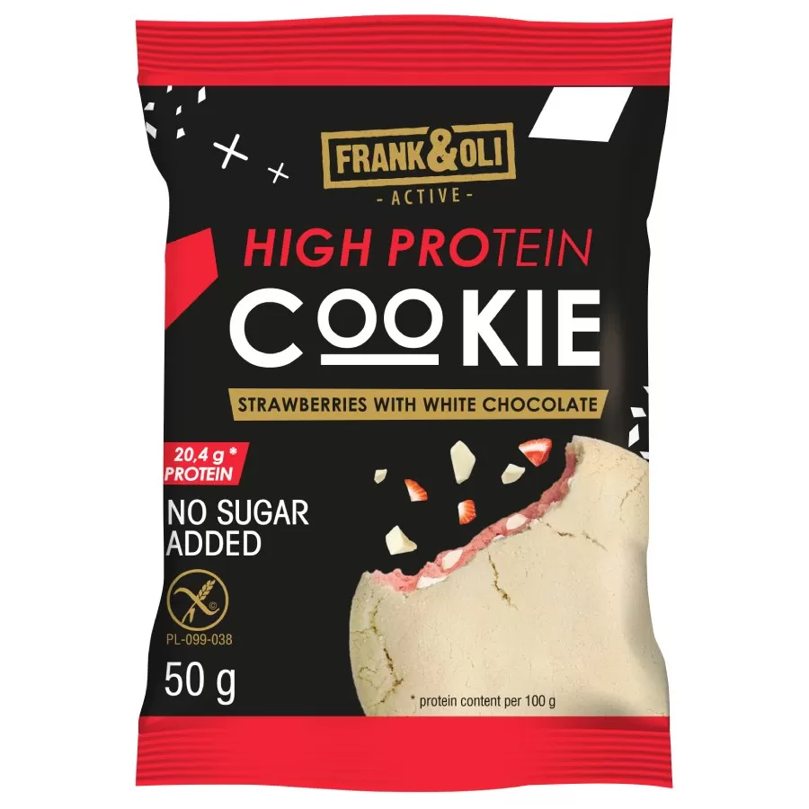 Ciastko proteinowe o smaku truskawek z białą czekoladą Frank&amp;Oli, 50g