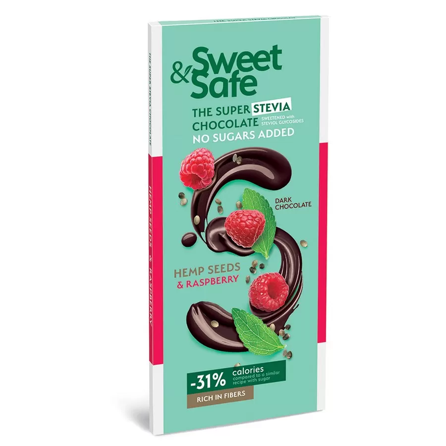 Deserowa czekolada - malina i ziarna konopi, słodzona stewią i erytrytolem Sweet&amp;Safe, 90g