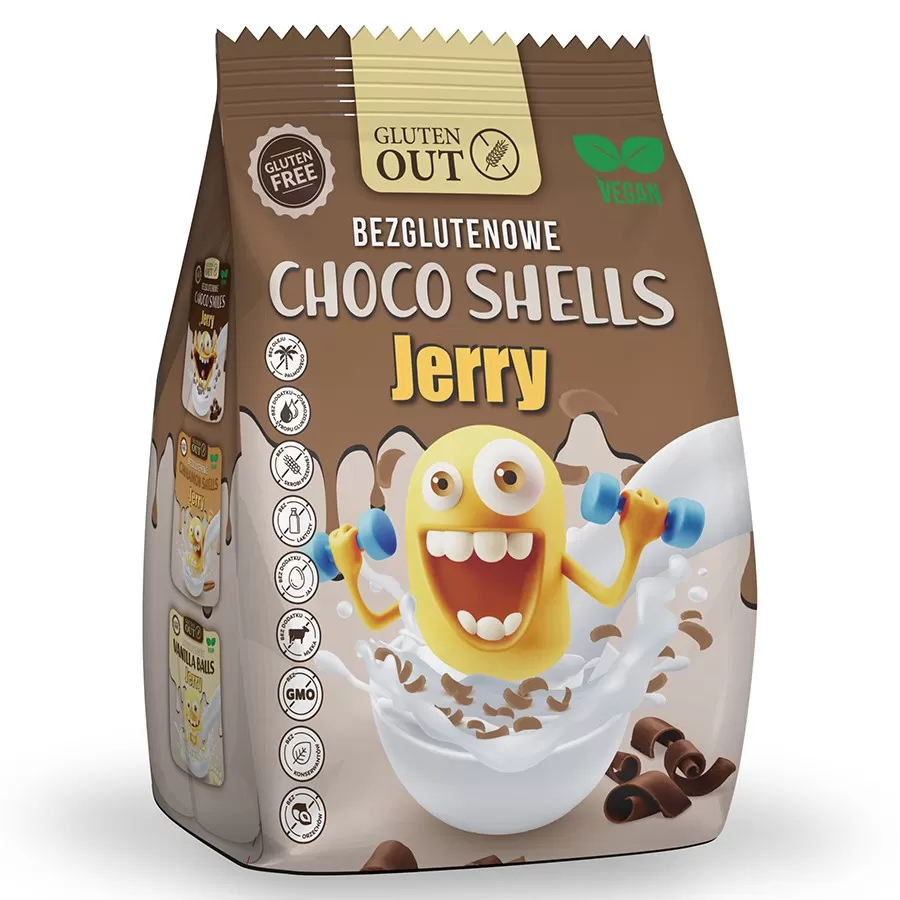 Muszelki śniadaniowe &quot;Choco Shells JERRY&quot; - Kakao Gluten Out, 375g