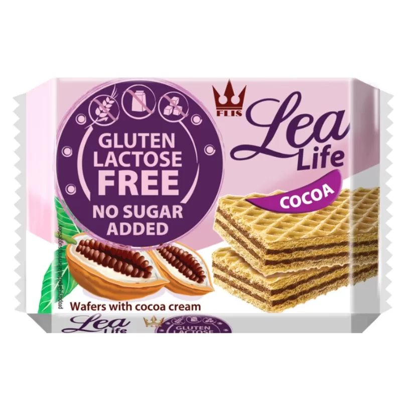 Wafle kakaowe bez glutenu, laktozy i bez dodatku cukru Lea Life, 95g
