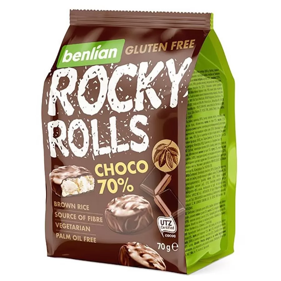 Wafle ryżowe w polewach Rocky rolls choco - choco 70% Benlian, 70g