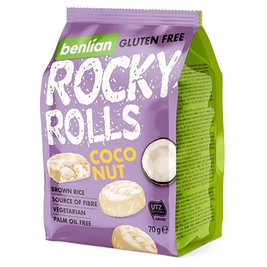 Wafle ryżowe w polewach Rocky rolls white - coconut Benlian, 70g