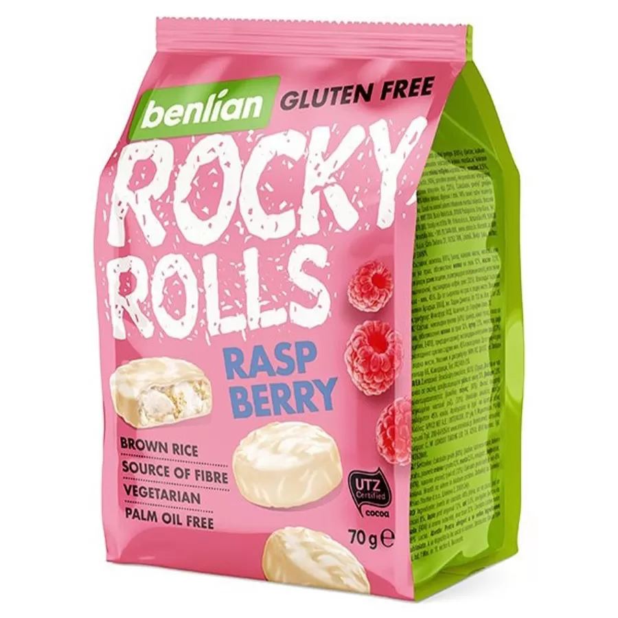 Wafle ryżowe w polewach Rocky rolls white - raspberry Benlian, 70g