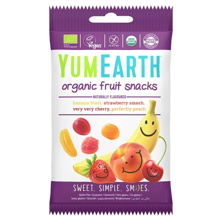 Żelki owocowe bez żelatyny - banan, truskawka, wiśnia, brzoskwinia YumEarth BIO, 50g