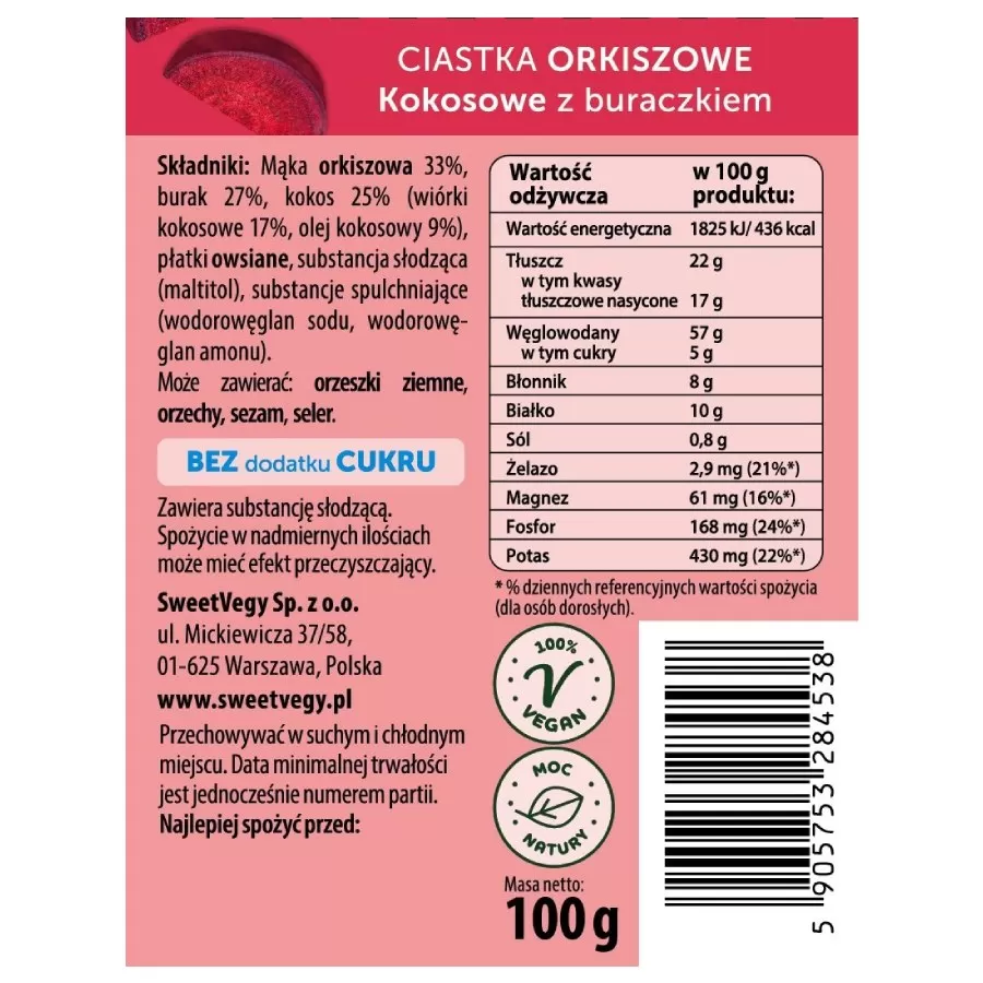 Ciastka Orkiszowe Kokosowe z Buraczkiem Sweetvegy, 100g