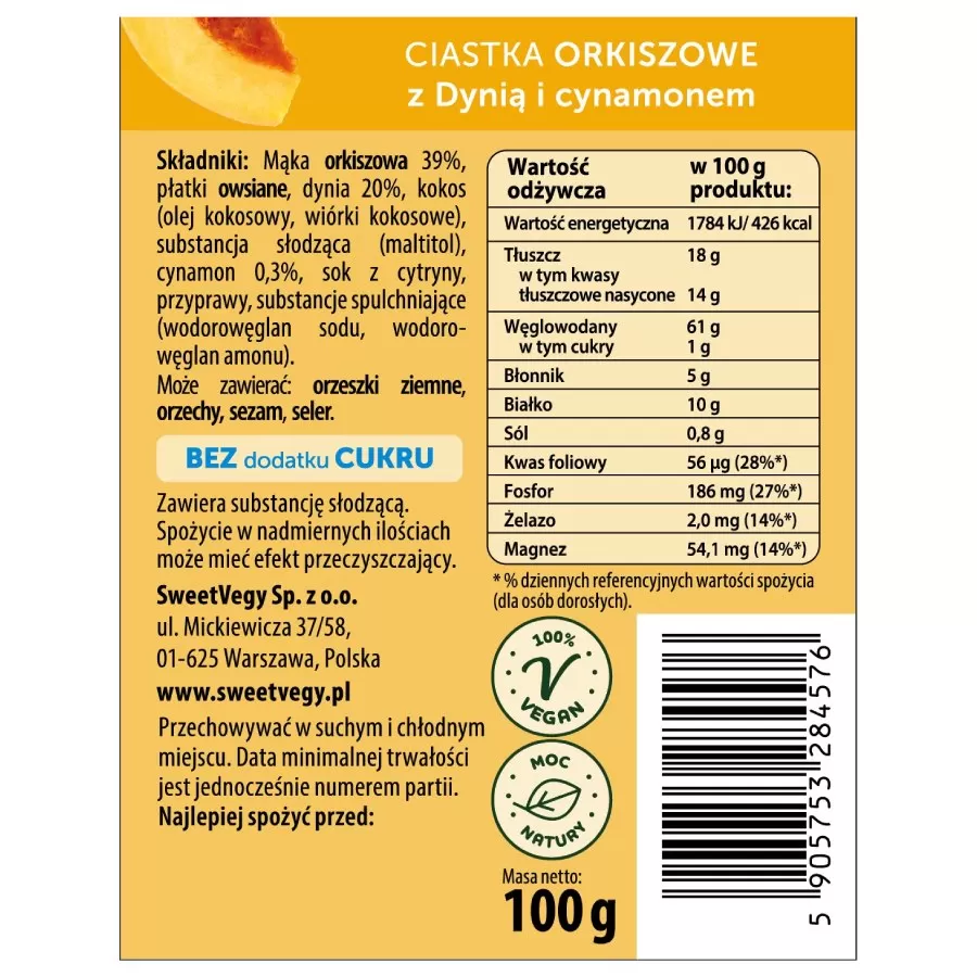 Ciastka Orkiszowe z Dynią i Cynamonem Sweetvegy, 100g