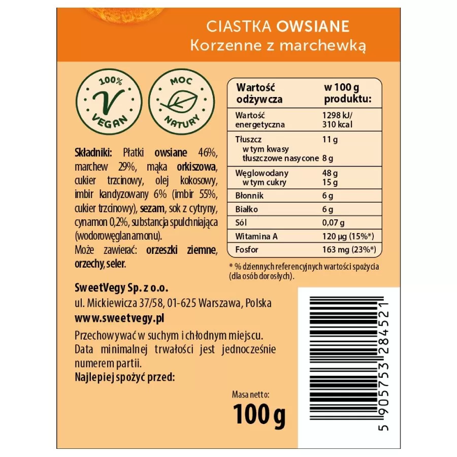 Ciastka Owsiane "korzenne z Marchewką" Sweetvegy, 100g