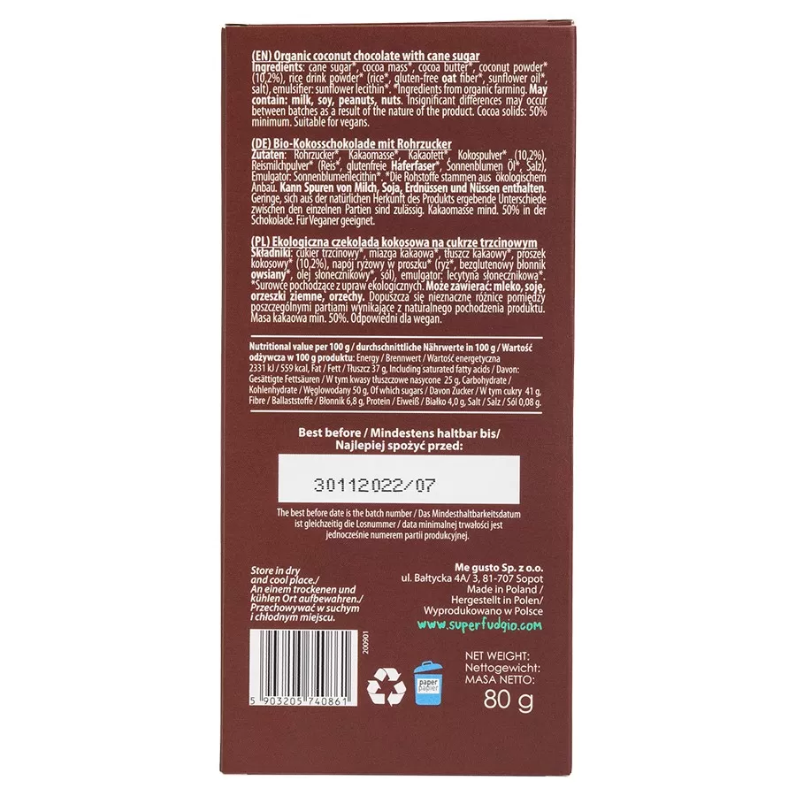 Czekolada na Mleku Kokosowym Super Fudgio BIO 80g