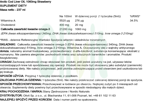 Omega-3 1060 mg, Truskawka, 237ml